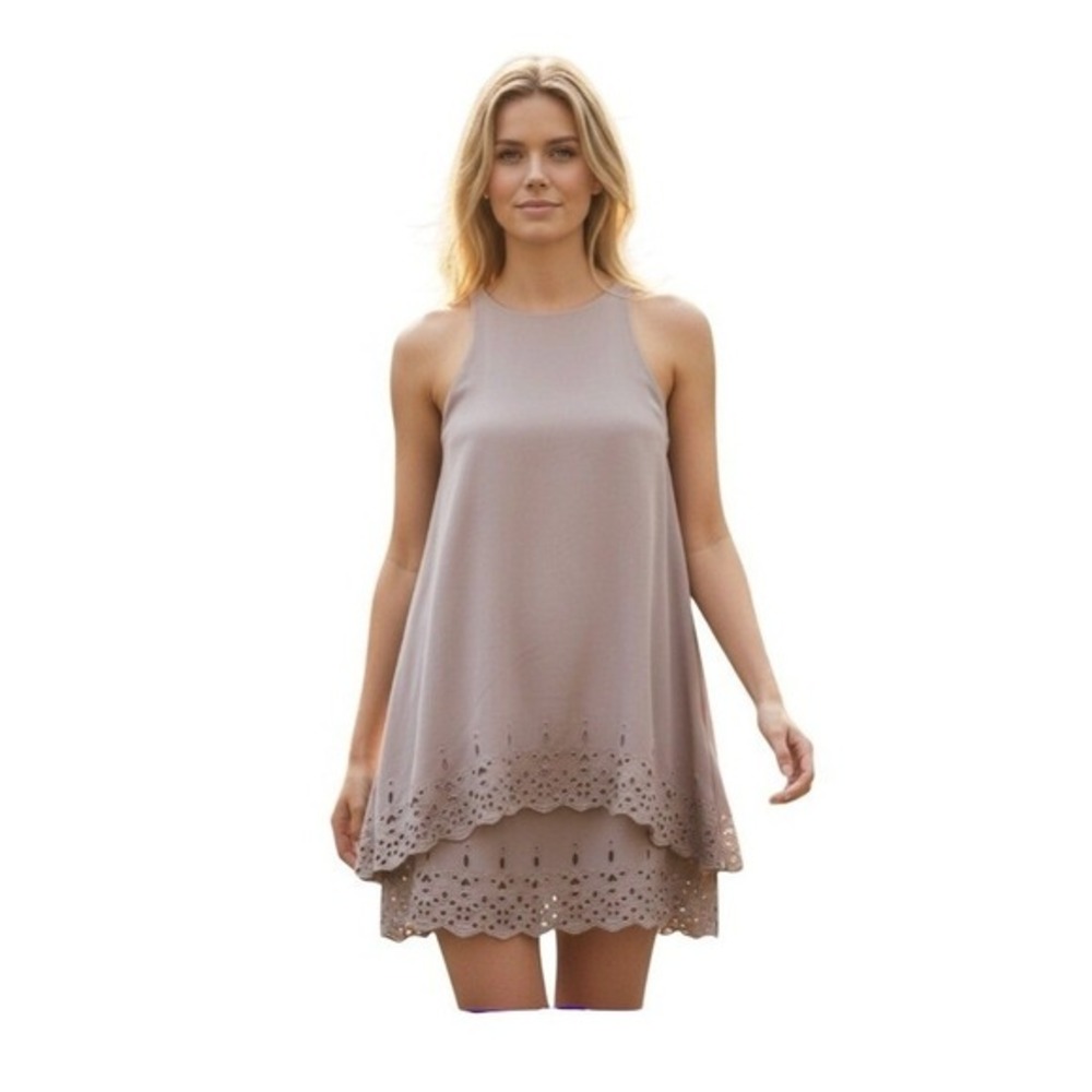 Bec + Bridge Laser Cut Mini Dress Taupe Gray Flowy Layered Knit 2